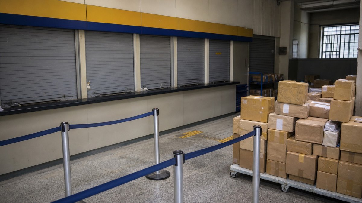 Área de atendimento postal sem logos, com caixas empilhadas e guichês vazios.