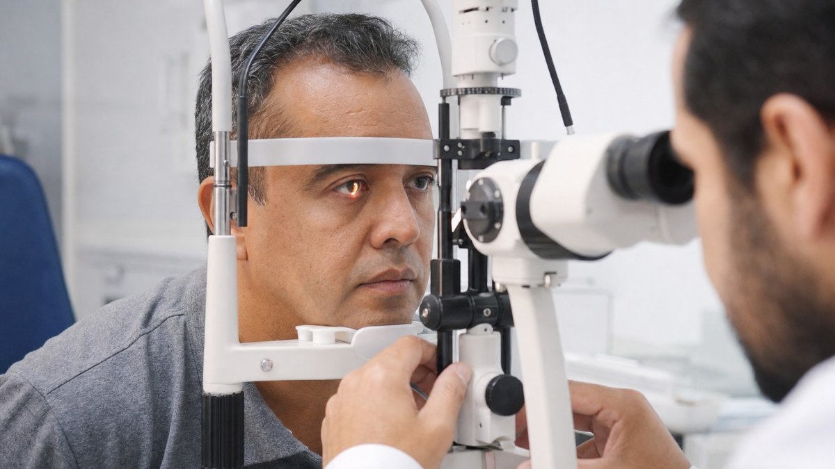 Paciente em exame oftalmológico para medir pressão ocular em clínica médica.