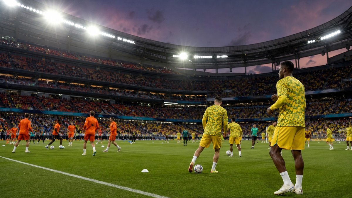 Jogadores aquecem em estadio lotado antes de partida da Copa do Mundo.