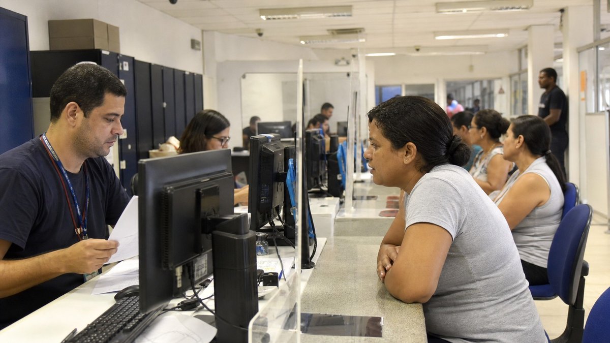 Atendimento em guiche de servico publico com servidores analisando documentos em computadores