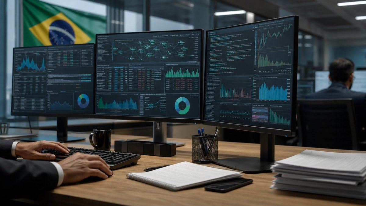 Tela de monitoramento de dados financeiros em mesa de escritorio, sem logotipos.
