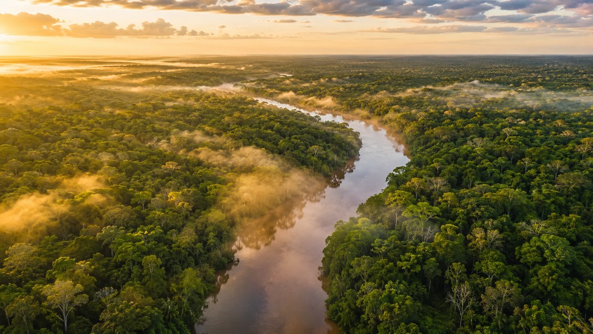 Vista aérea da floresta amazônica com rio sinuoso ao amanhecer — Dia Mundial do Meio Ambiente