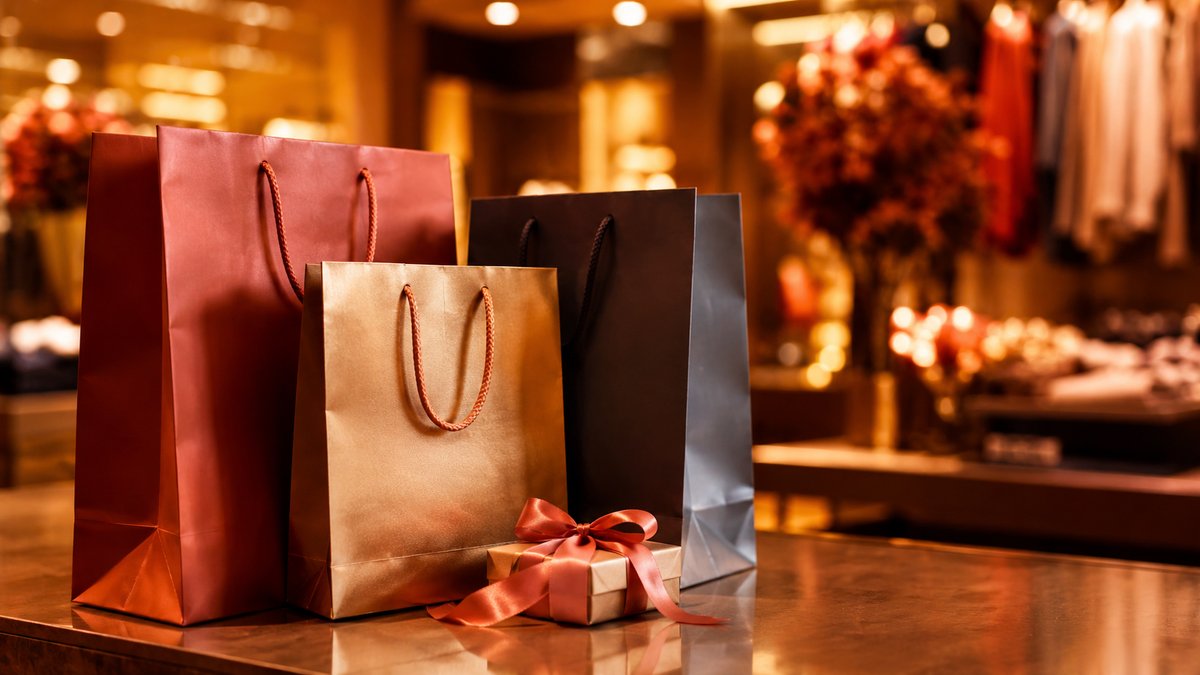 Sacolas de compras e presente embrulhado em balcão de loja — Dia dos Namorados 2026