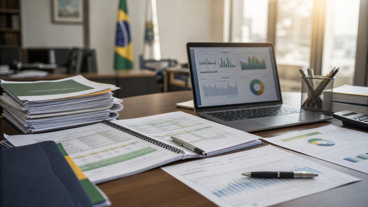 Mesa de redação com documentos oficiais, planilhas financeiras e tela mostrando dados públicos do governo