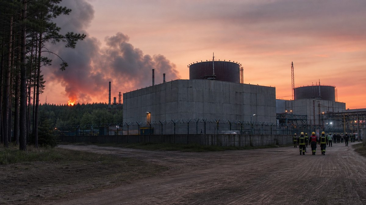 Instalação nuclear cercada por floresta ao anoitecer, com equipes de emergência próximas.
