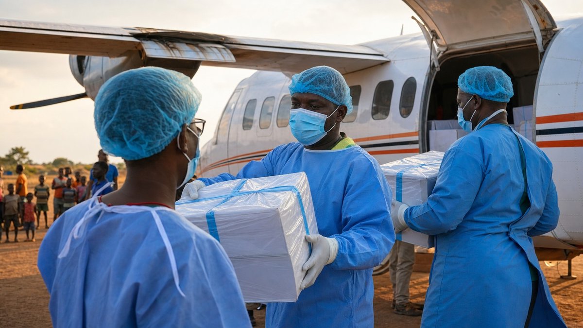 Equipes de saúde com equipamentos de proteção descarregam suprimentos médicos de um avião.