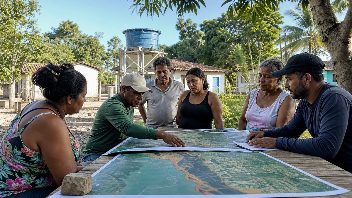 Moradores analisam mapas de risco climático em uma comunidade brasileira.