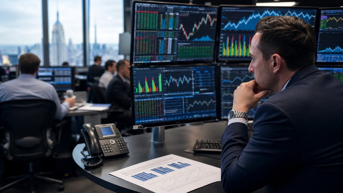Operadores observam gráficos de mercado e dados econômicos em uma sala de negociação moderna.