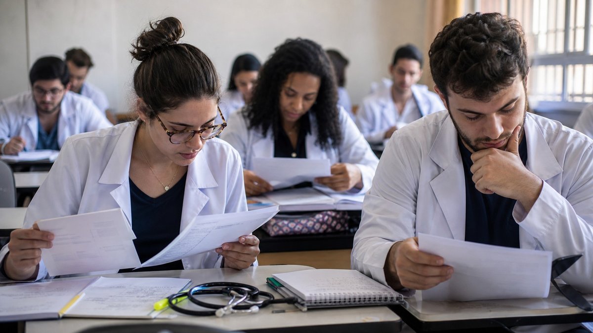 Estudantes de medicina revisando materiais de prova em uma sala de aula.