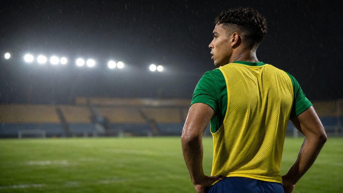 Jovem atacante brasileiro em treino noturno antes de jogo de Copa do Mundo