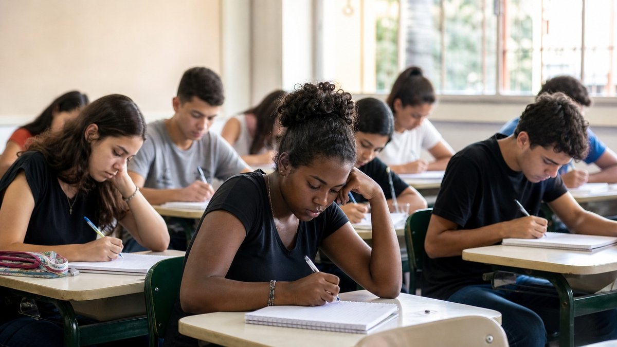 Estudantes escrevendo em cadernos dentro de sala de aula durante preparação para exame nacional.