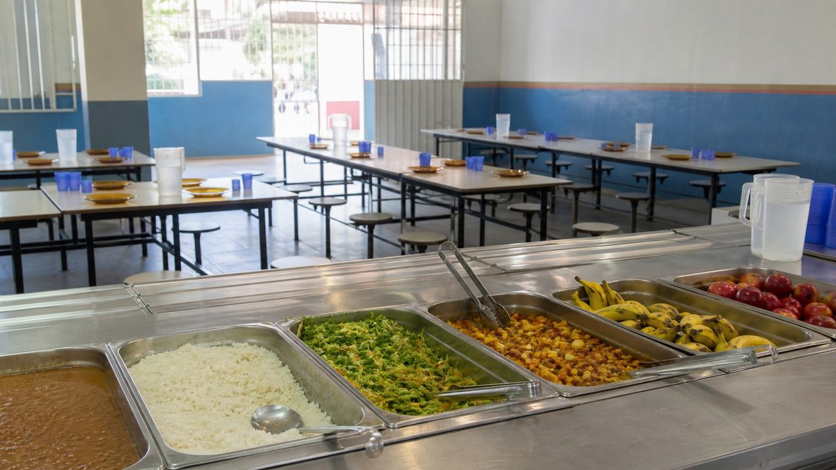 Refeitório escolar organizado para servir almoço a estudantes durante o recesso