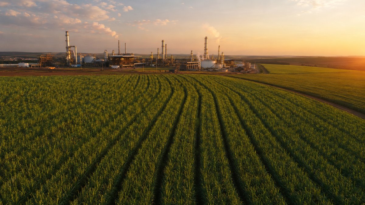 Canavial ao entardecer com usina de etanol ao fundo — disputa comercial do etanol entre Brasil e EUA