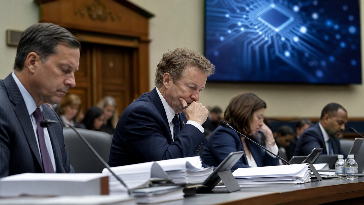 Sala de audiência legislativa com microfones e documentos sobre regulação de inteligência artificial.