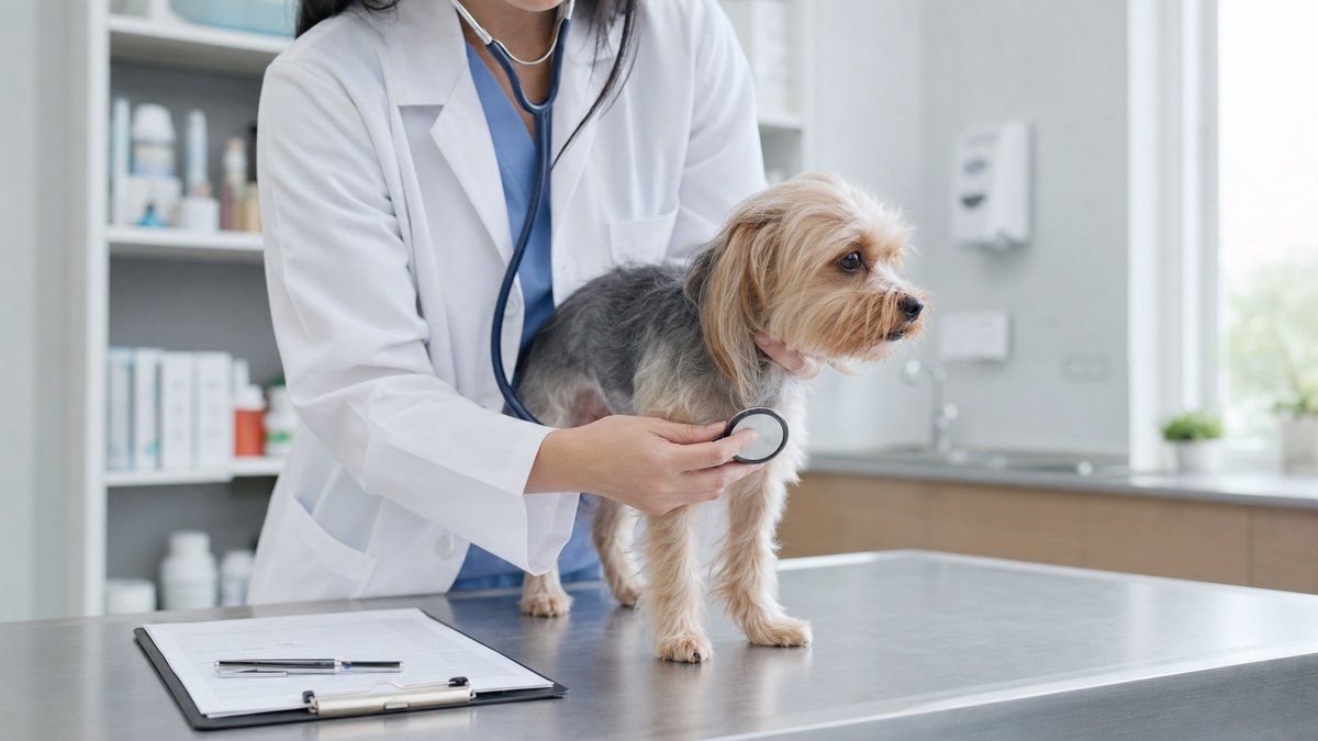 Médica veterinária examina cachorro em uma clínica, representando atendimento profissional habilitado.
