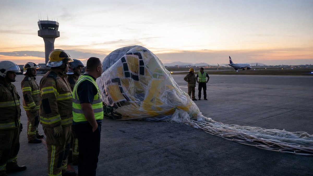 Equipe de seguranca observa balao junino apreendido perto de pista de aeroporto ao entardecer.