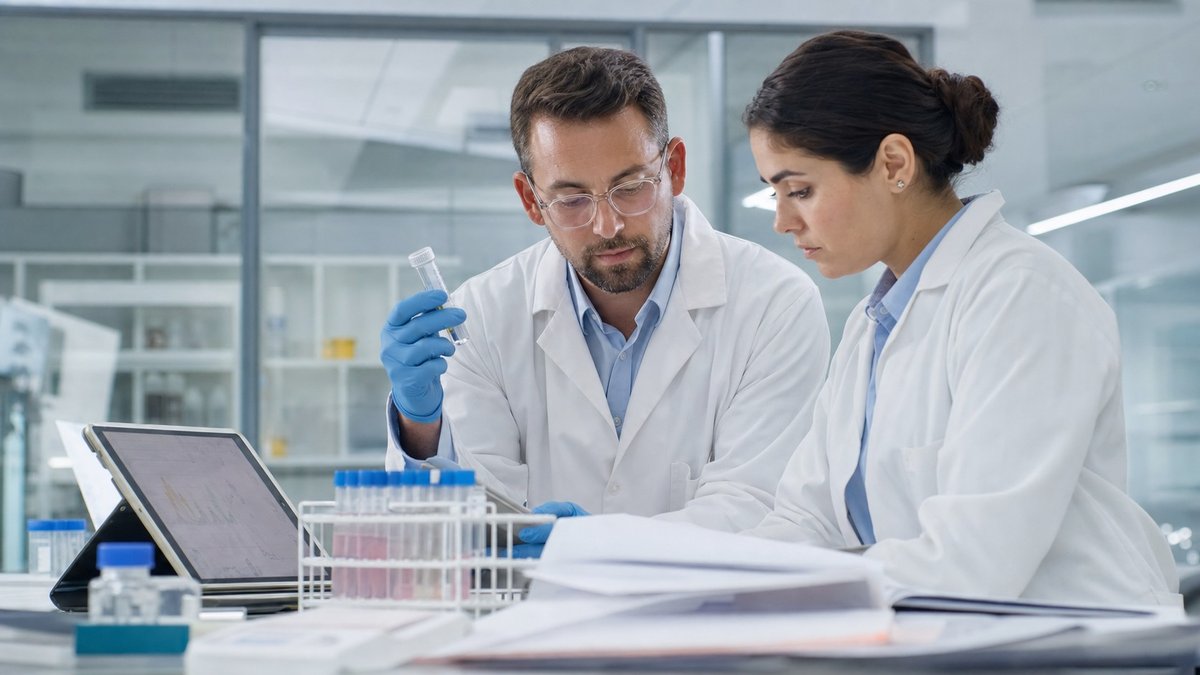 Pesquisadores analisam amostras em laboratório clínico moderno.
