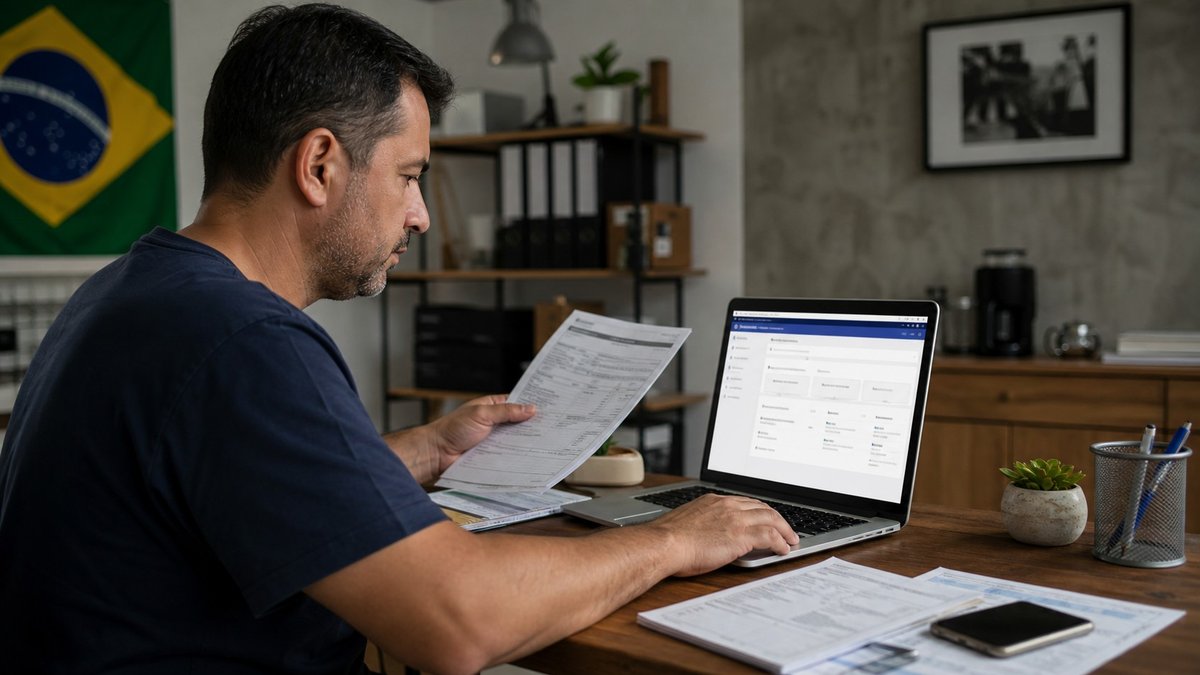 Empresário brasileiro confere documentos de folha e portal oficial em um notebook sobre a mesa.