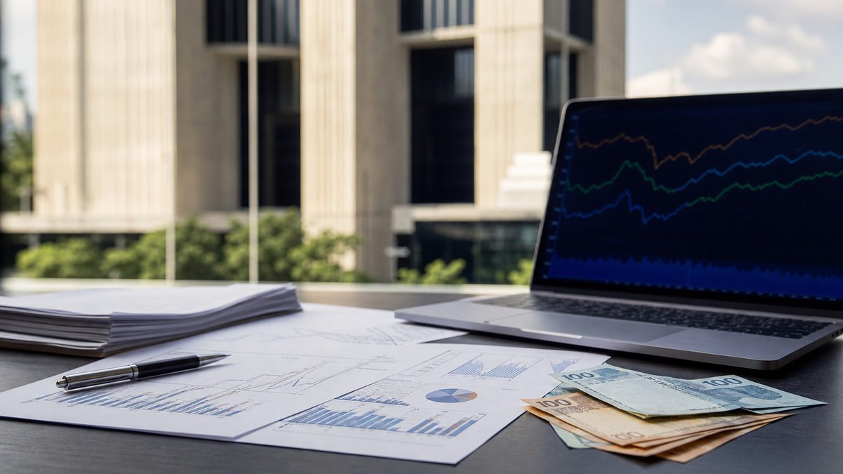 Mesa de análise financeira com gráficos, cédulas de real e computador em ambiente editorial.