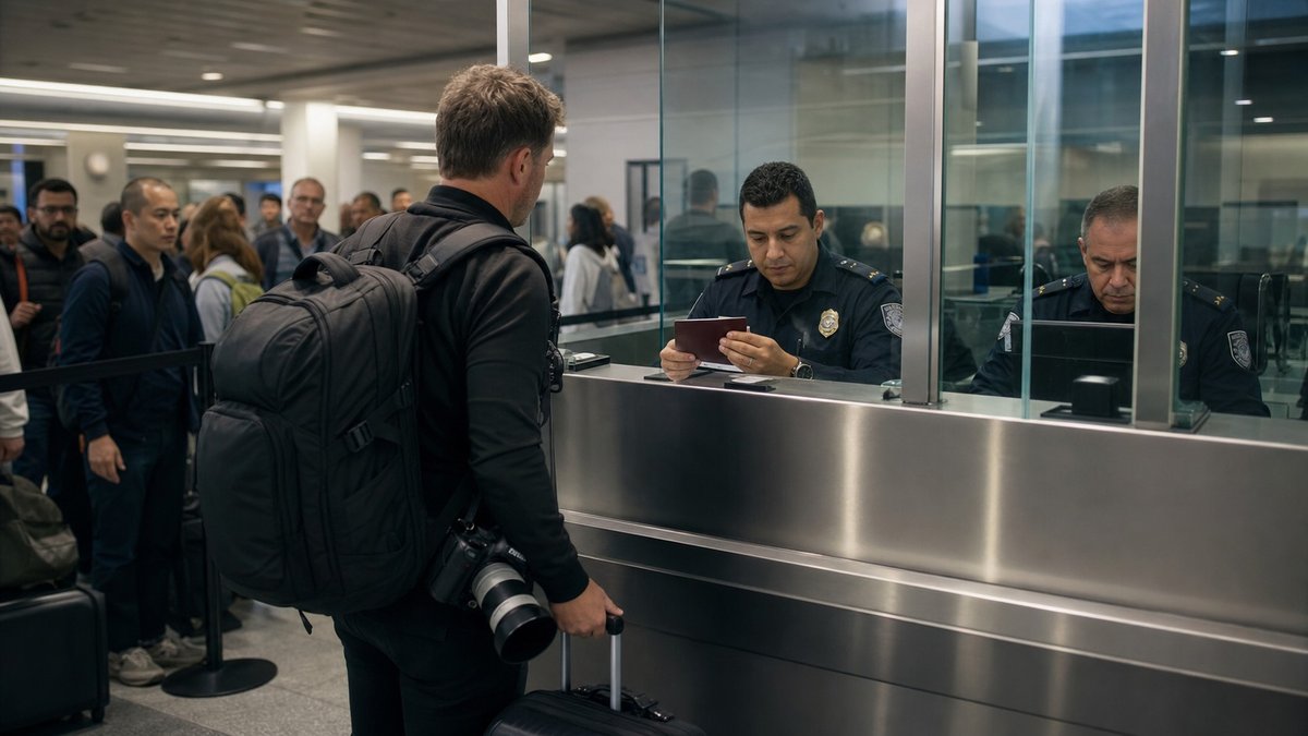 Profissional de mídia esportiva passa por controle migratório em aeroporto internacional.