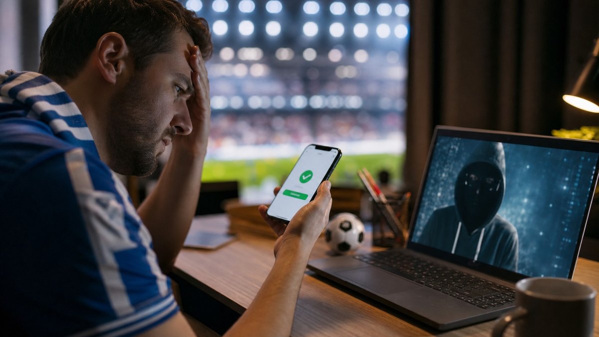 Torcedor preocupado diante de celular e notebook em alerta sobre golpe digital ligado à Copa