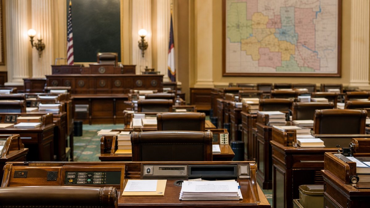 Plenário legislativo vazio com mapa eleitoral ao fundo nos Estados Unidos