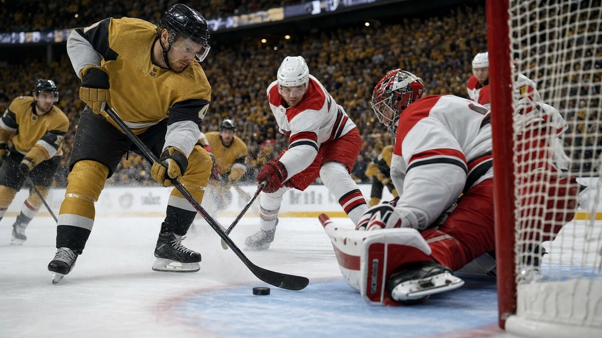 Jogadores de hóquei disputam o puck em uma final de campeonato sobre o gelo.
