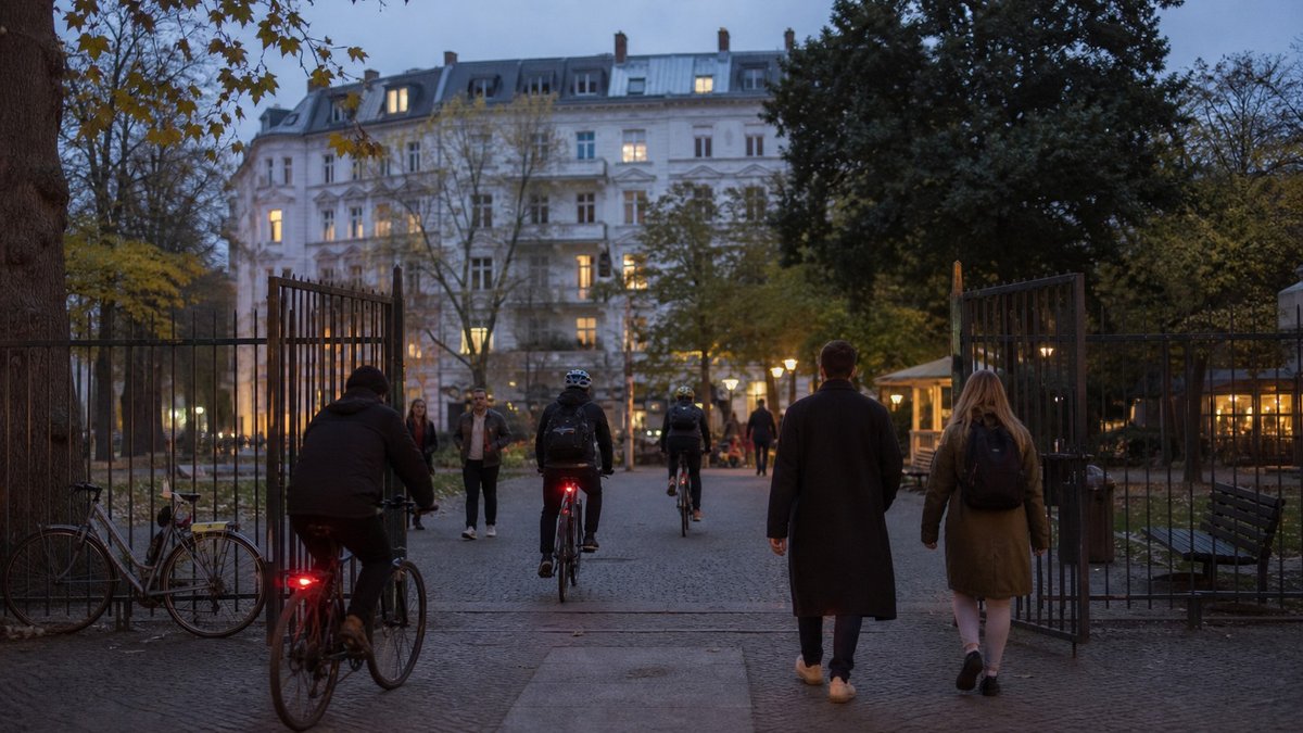 Portões abertos em parque urbano europeu ao entardecer, com ciclistas e pedestres passando.