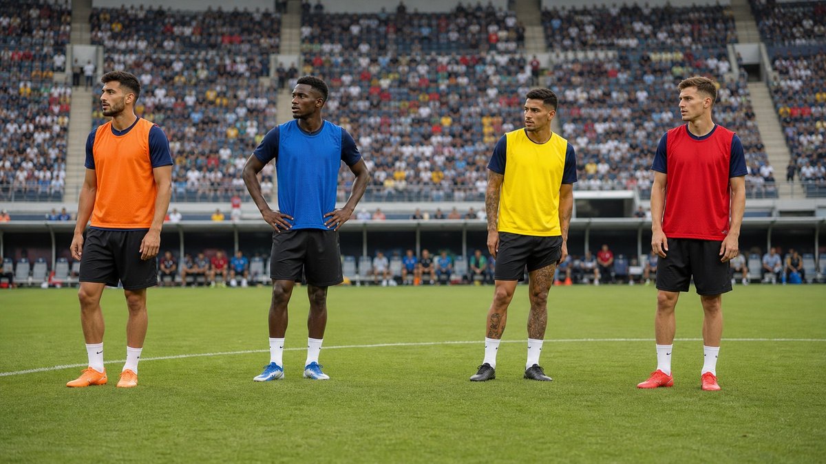 Jogadores genéricos em coletes coloridos perfilados em campo de futebol antes de partida internacional.