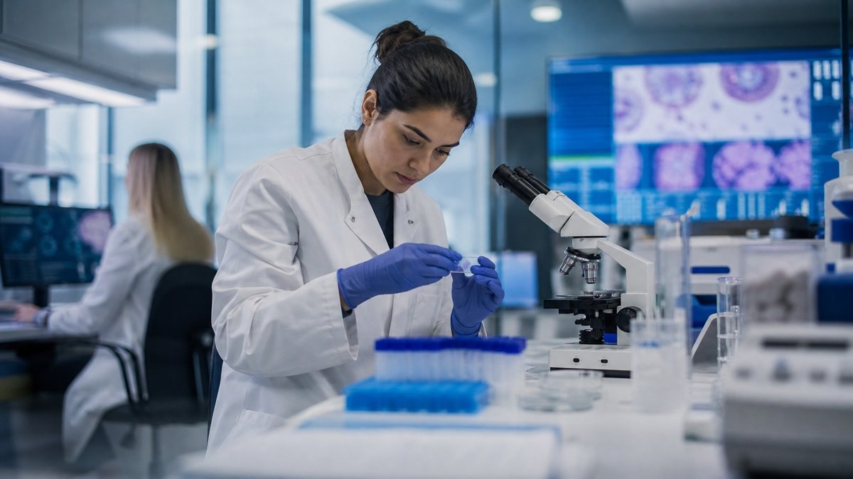 Laboratório moderno de pesquisa oncológica com cientista analisando amostras e telas clínicas.