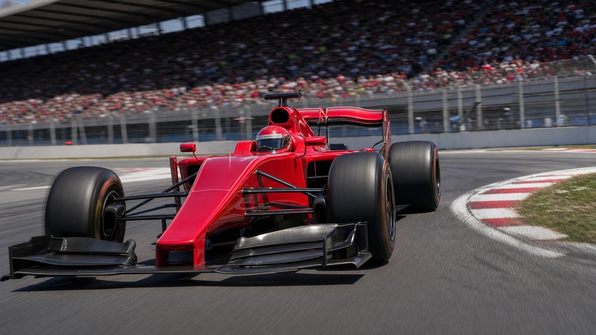 Carro vermelho de Fórmula 1 cruzando a pista em alta velocidade sob luz de corrida