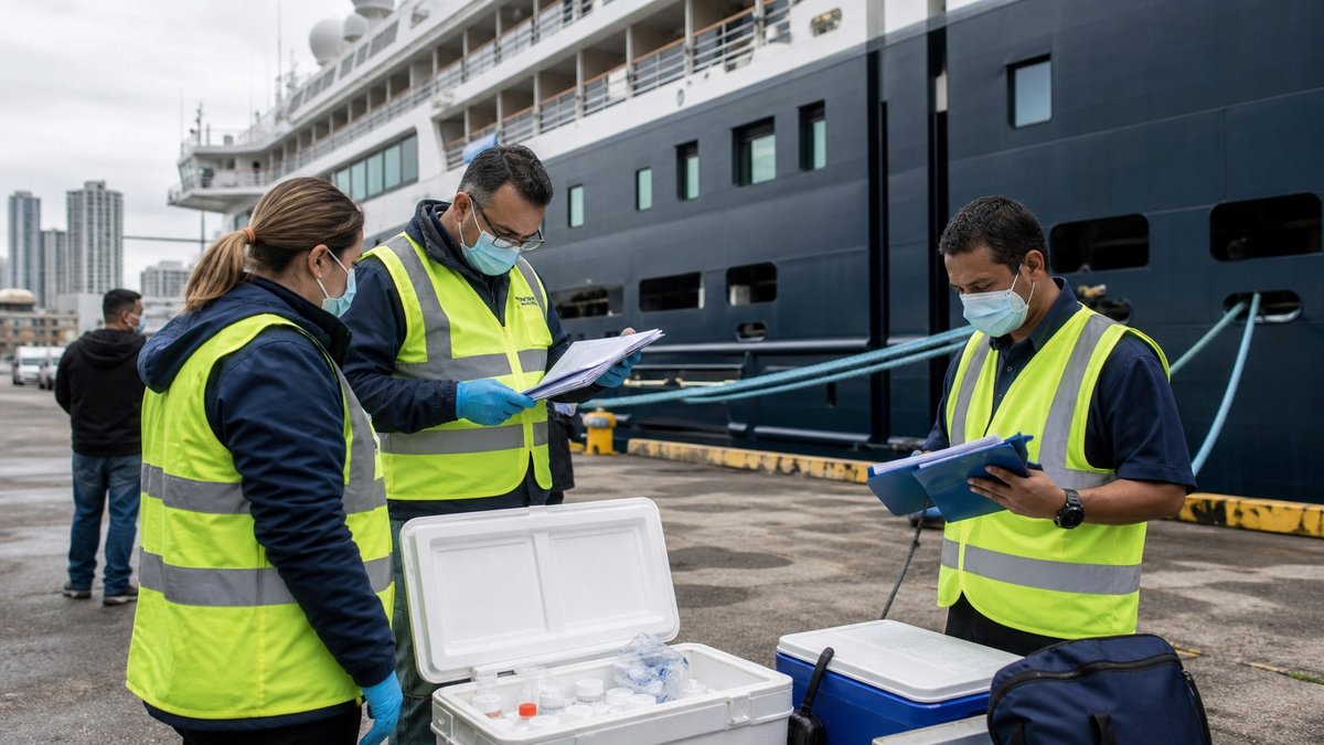 Equipe sanitária em porto analisando documentos de saúde ao lado de navio de cruzeiro