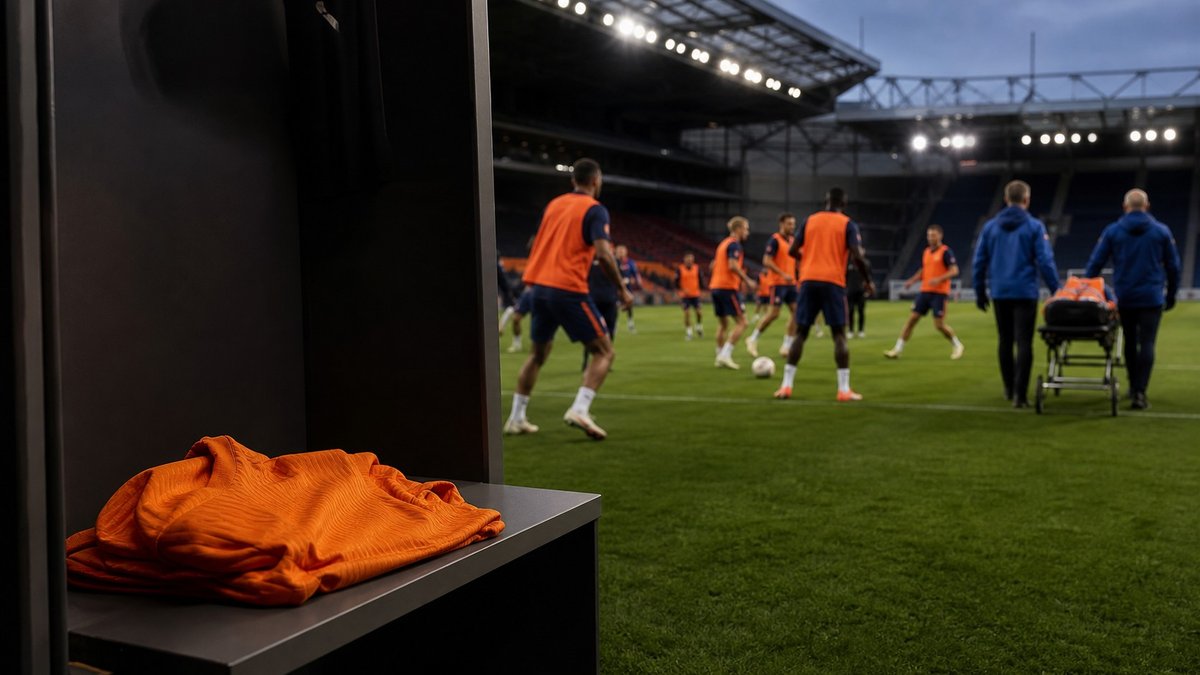 Camisa laranja dobrada perto de um campo de treino com jogadores ao fundo