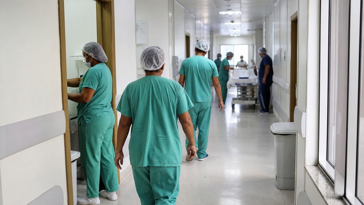 Corredor de hospital público com profissionais de saúde em ambiente cirúrgico.