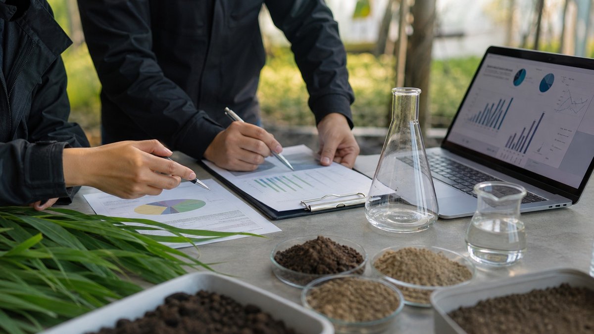 Mesa de trabalho com documentos ambientais, amostras de solo, folhas de plantio e material de laboratório.