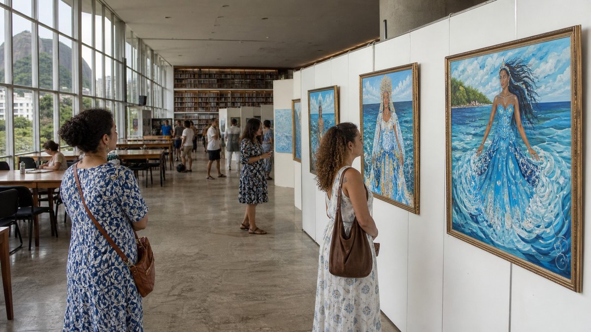 Visitantes observam pinturas coloridas sobre Iemanjá em uma biblioteca pública.