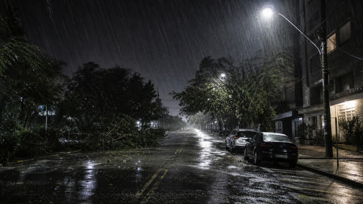 Rua urbana molhada durante tempestade noturna com carros e postes sob chuva forte