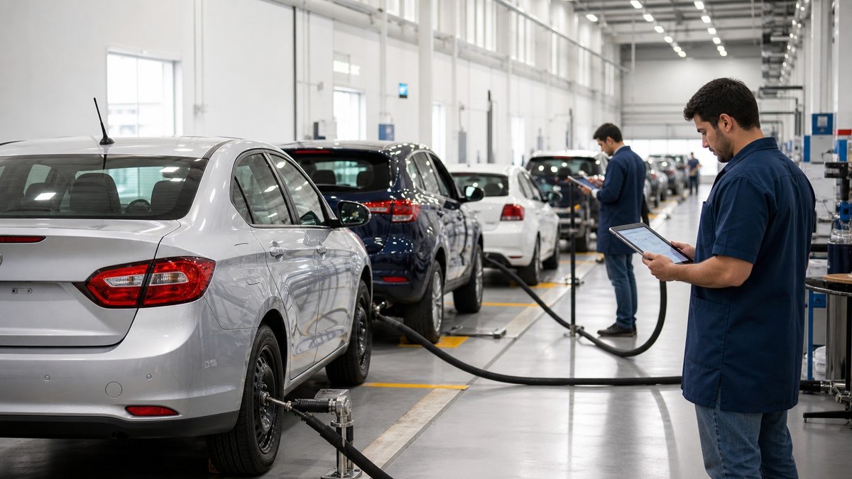 Técnicos avaliam carros em uma instalação de testes de eficiência veicular.