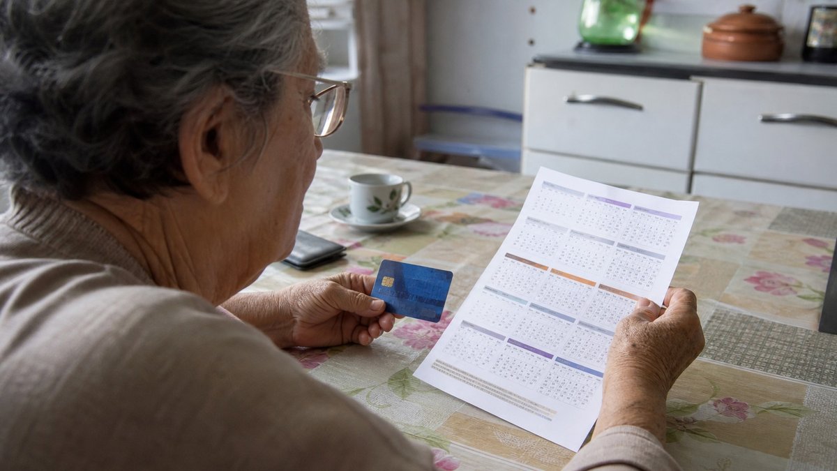 Aposentada confere calendário de pagamentos e cartão bancário em uma mesa de cozinha.