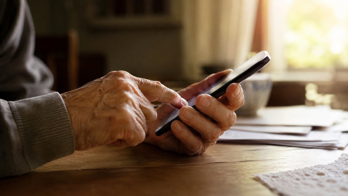 Mãos de pessoa idosa segurando um smartphone para acessar serviço do INSS — prova de vida 2026