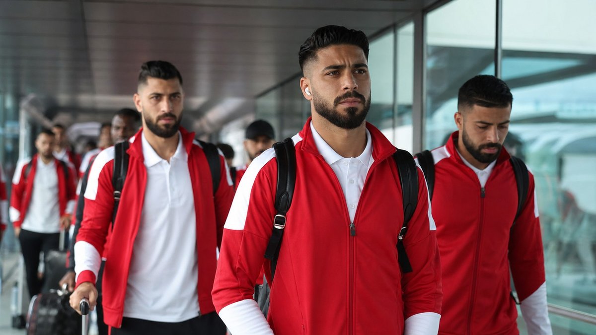 Jogadores de futebol do Irã embarcando em aeroporto antes da Copa do Mundo.