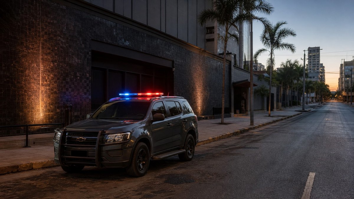 Viatura policial estacionada ao amanhecer em frente a uma casa noturna em área urbana