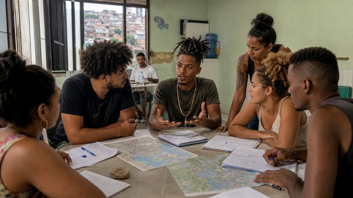 Jovens reunidos em sala comunitária discutindo saneamento, água e clima com mapas e anotações