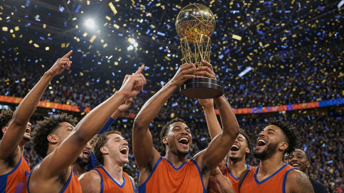 Jogadores de basquete comemoram título em quadra com troféu erguido e confetes ao fundo.