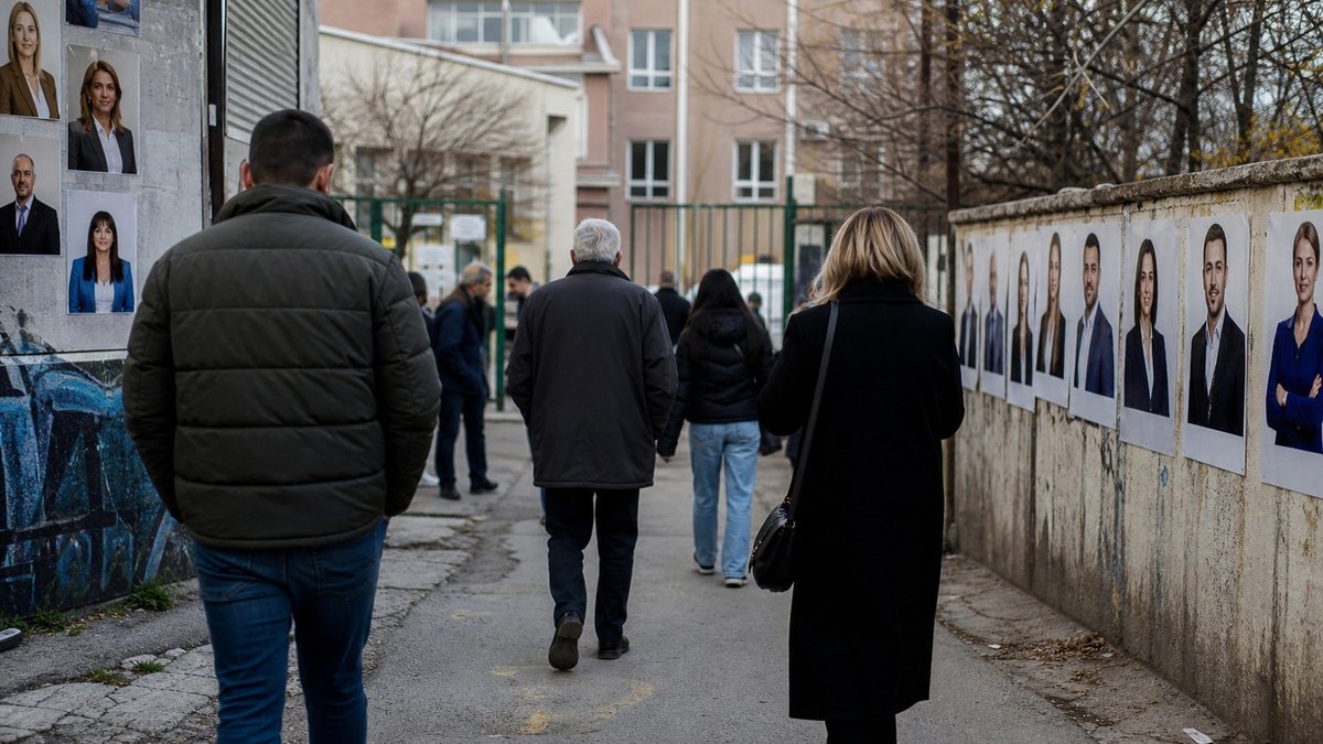 Eleitores caminham para uma seção eleitoral em Pristina durante a eleição parlamentar de Kosovo.