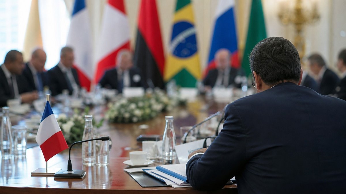 Mesa de reunião diplomática internacional com bandeiras ao fundo e documentos de negociação comercial.