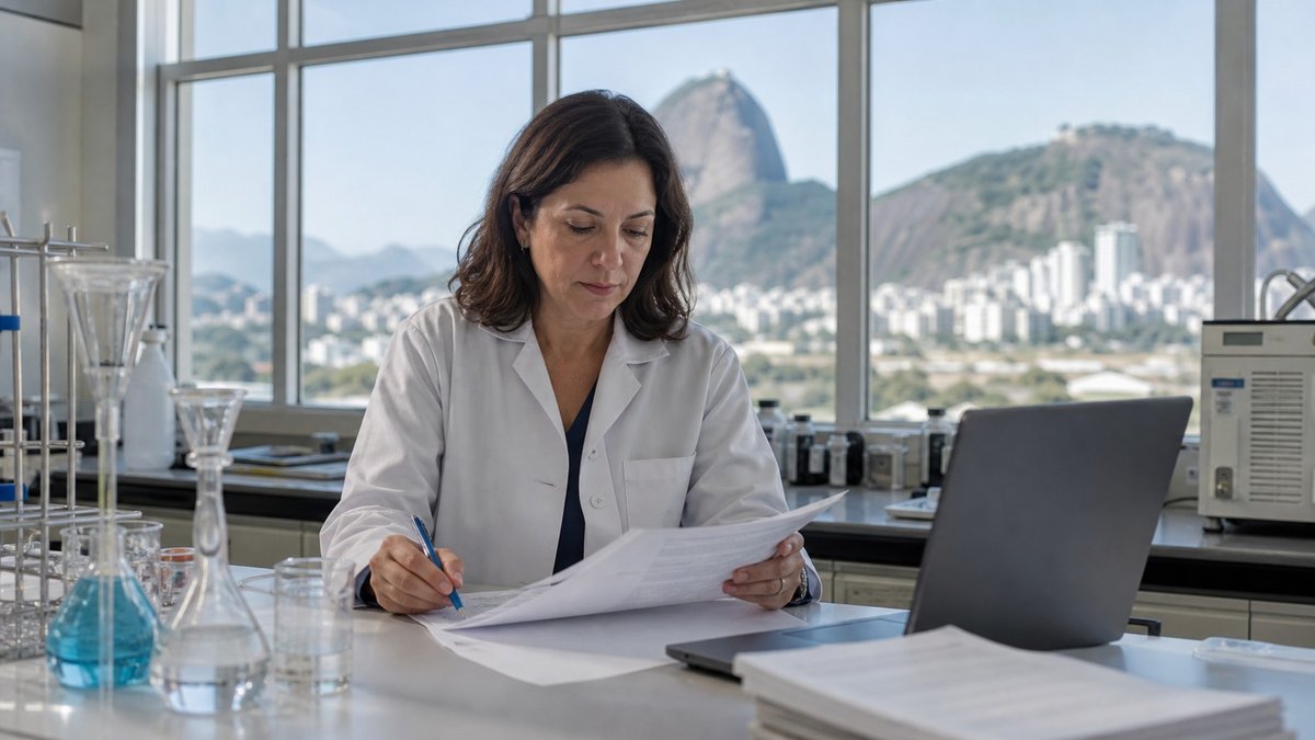 Pesquisadora em laboratório no Rio de Janeiro analisando documentos acadêmicos