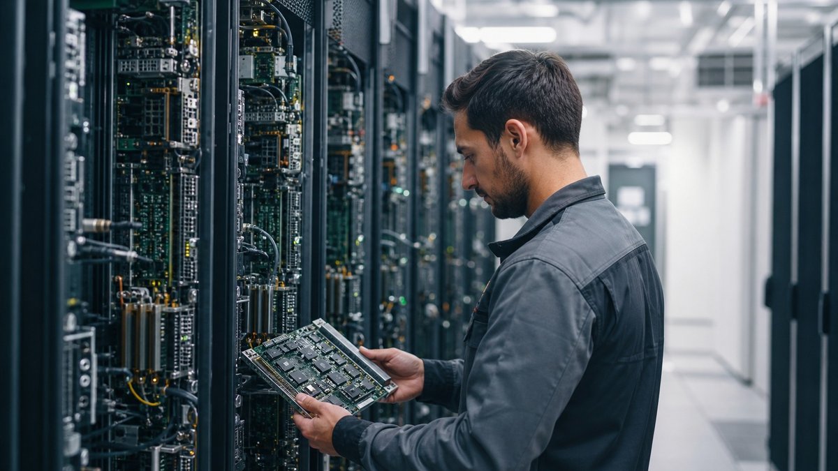 Técnico observa servidores e placas de circuito em um data center moderno.