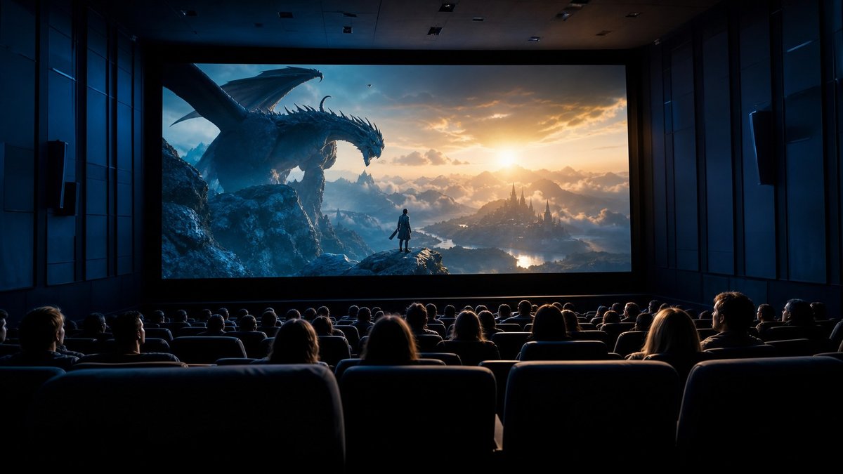 Plateia em sala de cinema assistindo a uma aventura de fantasia com luz azul e dourada refletida nas cadeiras.