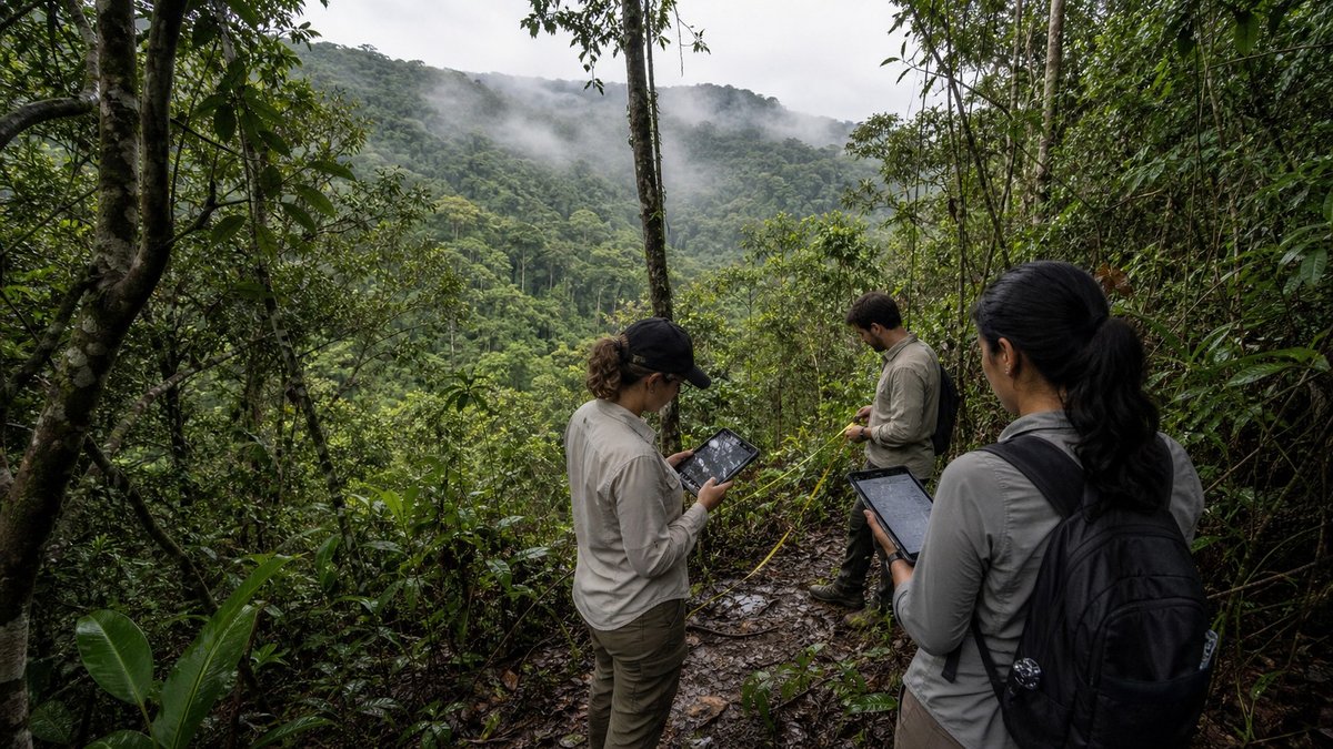 Trecho preservado de Mata Atlantica com pesquisadores em trilha de floresta